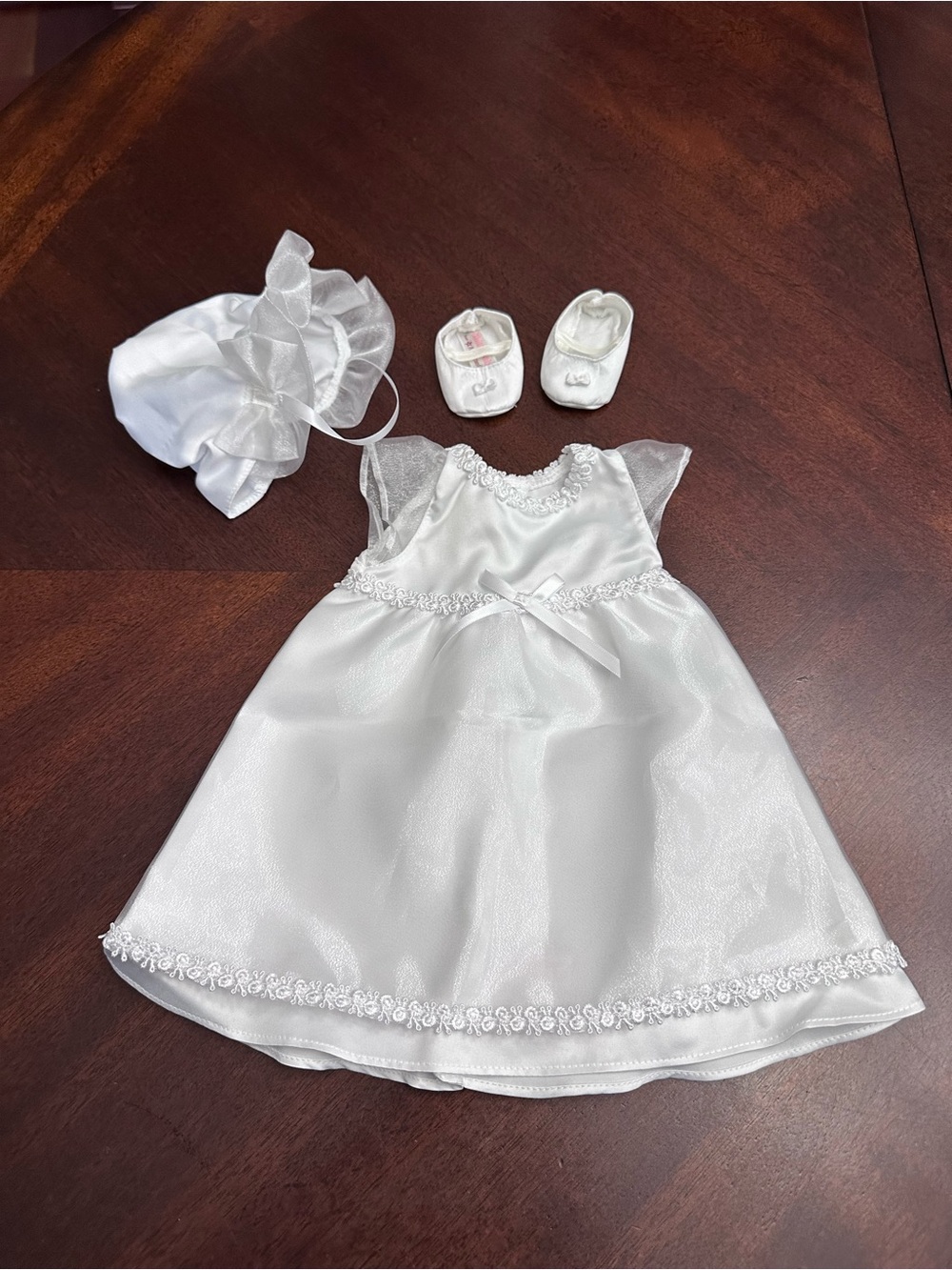 American Girl Bitty Baby Christening Baptism White Satin Dress Bonnet Shoes Set
